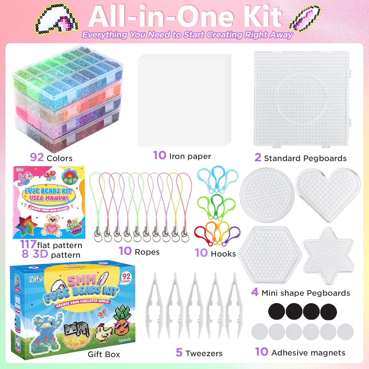 Fuse Beads Kit 92 Colors 19200 Pcs Melting Beads 5Mm, Including 124 Patterns, 6