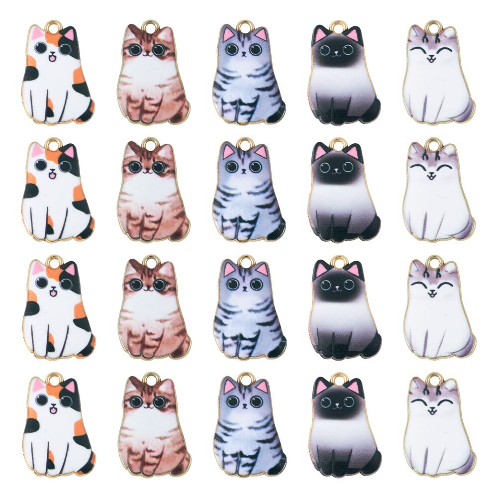 20Pcs Golden Cat Alloy Enamel Pendants Charms For DIY Jewelry Making 25x16x3mm