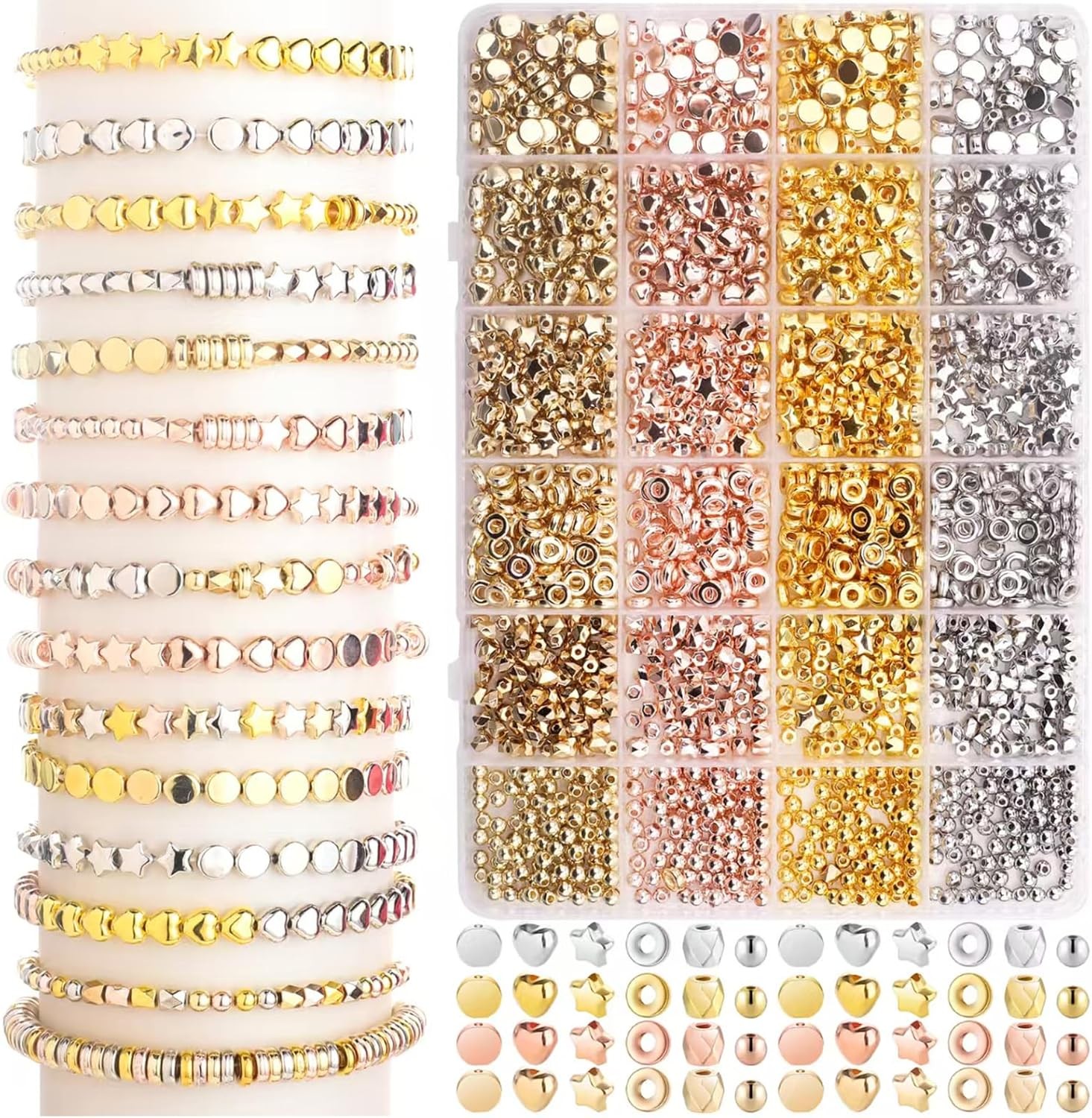Gold Spacer Beads 2160 Pieces Bracelet Beads for DIY Jewelry Making(Gold, Sliver