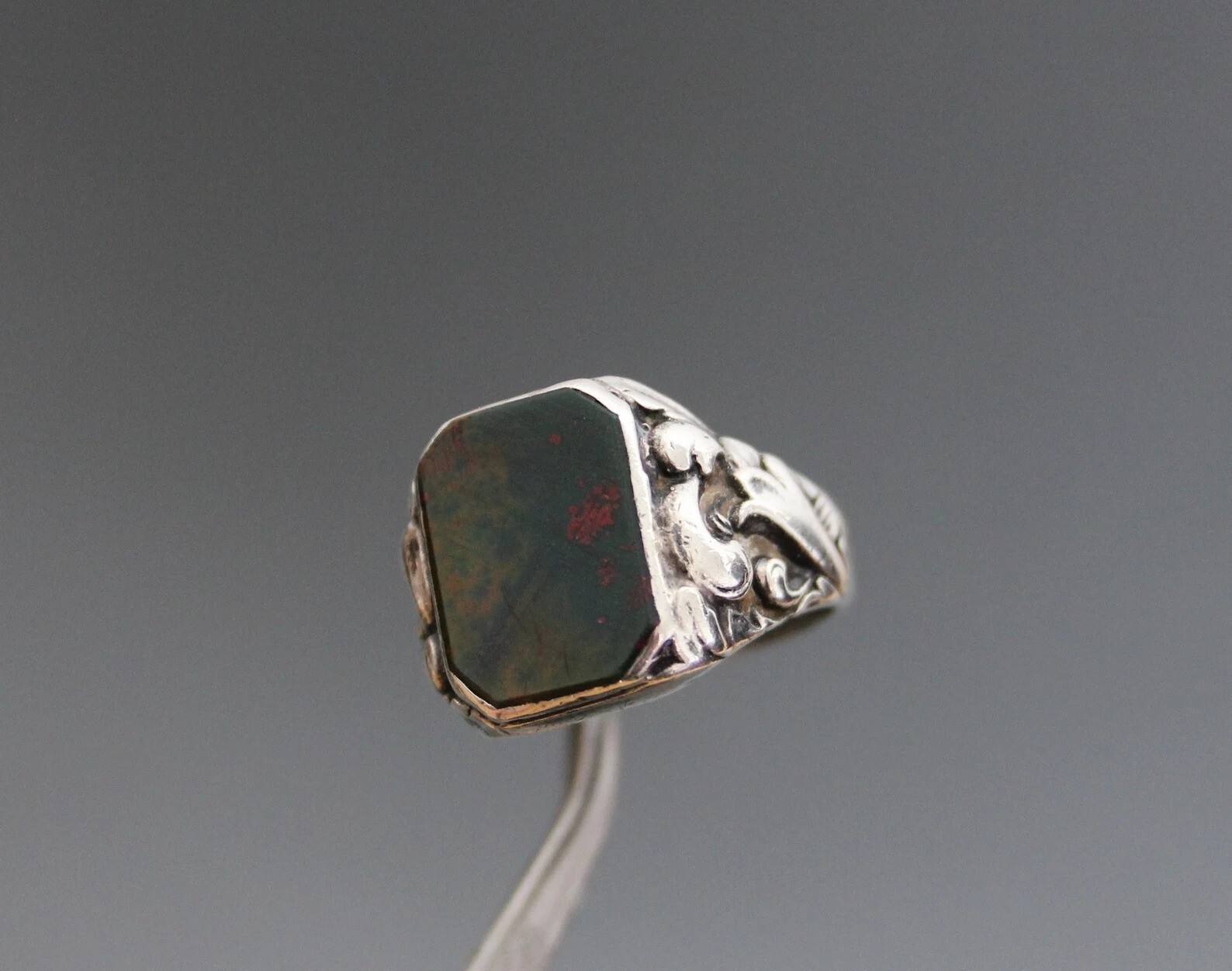Art Deco Mens Signet Ring. Bloodstone 925 Silver,Antique Fob Ring. Gentlemen’s,