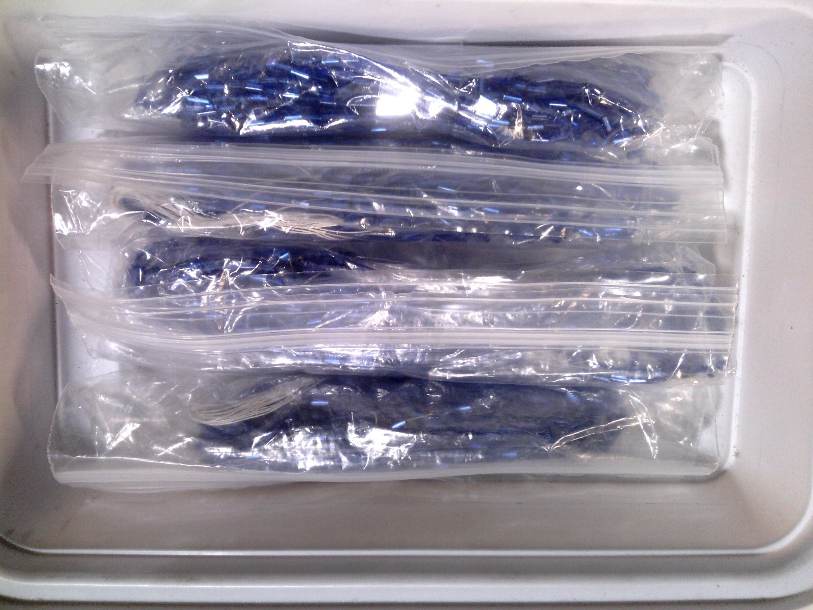 Vtg 4 HANK SILVER LINED BLUE LUSTER BUGLE BEADS 4mm #052112u LL