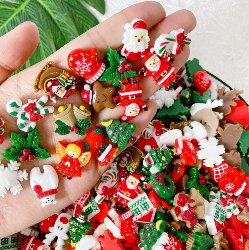 50pcs Christmas Resin Flatbacks Santa Snowman Tree DIY Craft Cabochons
