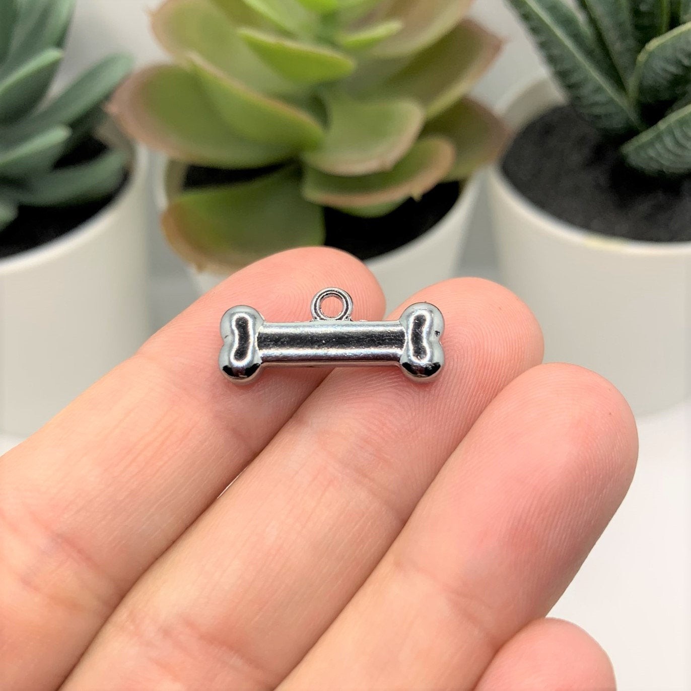 Rhinestone and Silver Dog Bone Charm, 20x8mm – US Seller