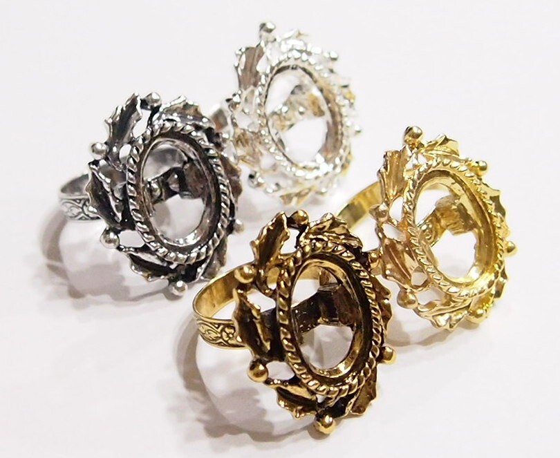4 Colors of 18x13mm Victorian Art Deco Wreath Leaves Adjustable Ring Settings
