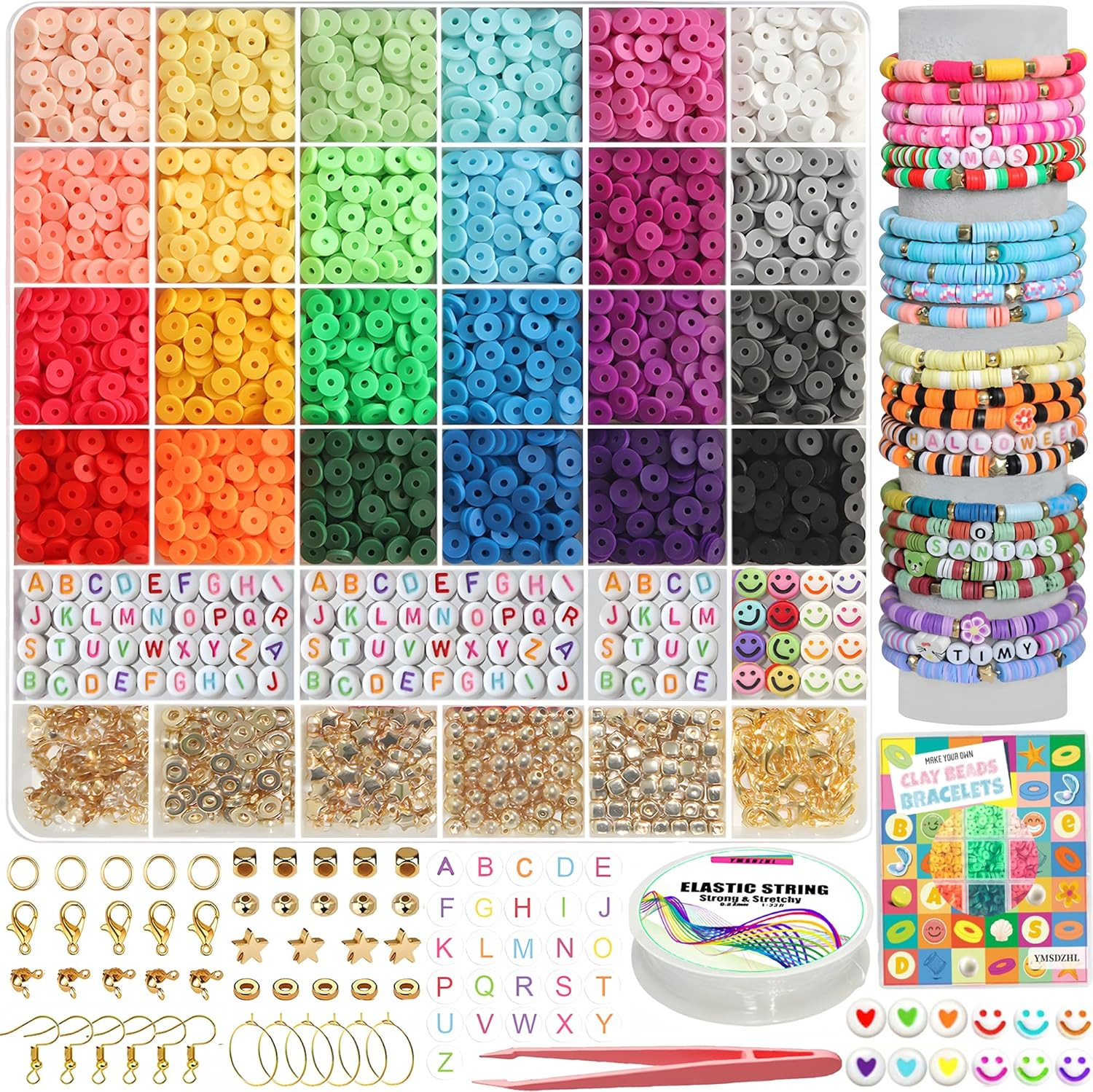 6000+PCS Clay Beads Bracelet Making Kit,24 Color DIY Flat Preppy Beads for Frien