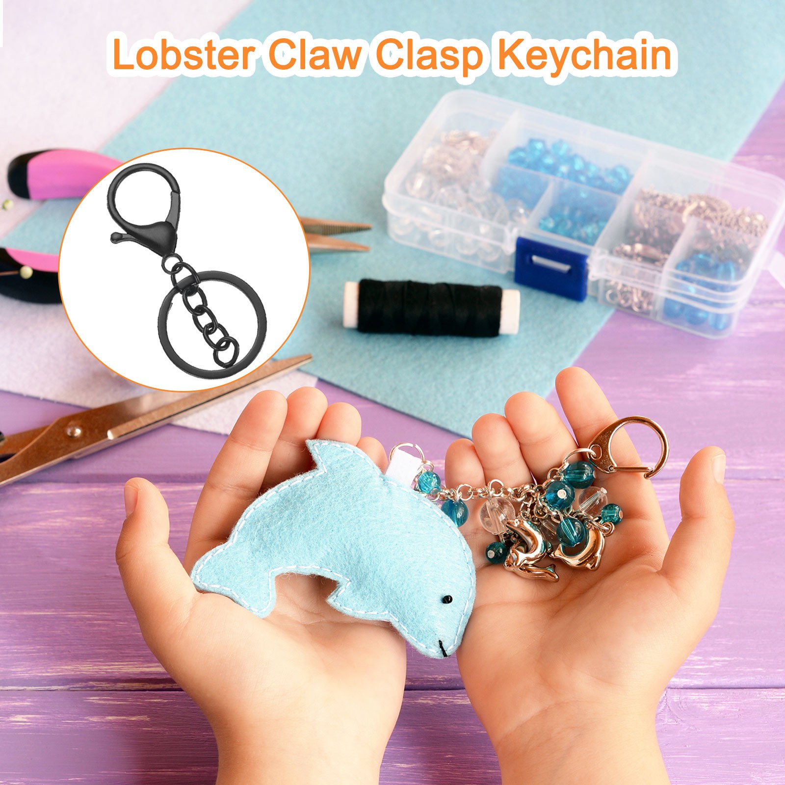 12Pcs Lobster Claw Clasp Keychain with Flat Split Keychain Ring Chain Black