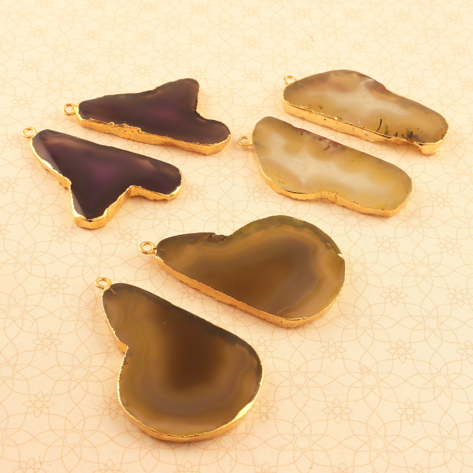 3 Pairs Lot Agate Slice Gold Electroplated DIY Connectors Making Jewelry For Her