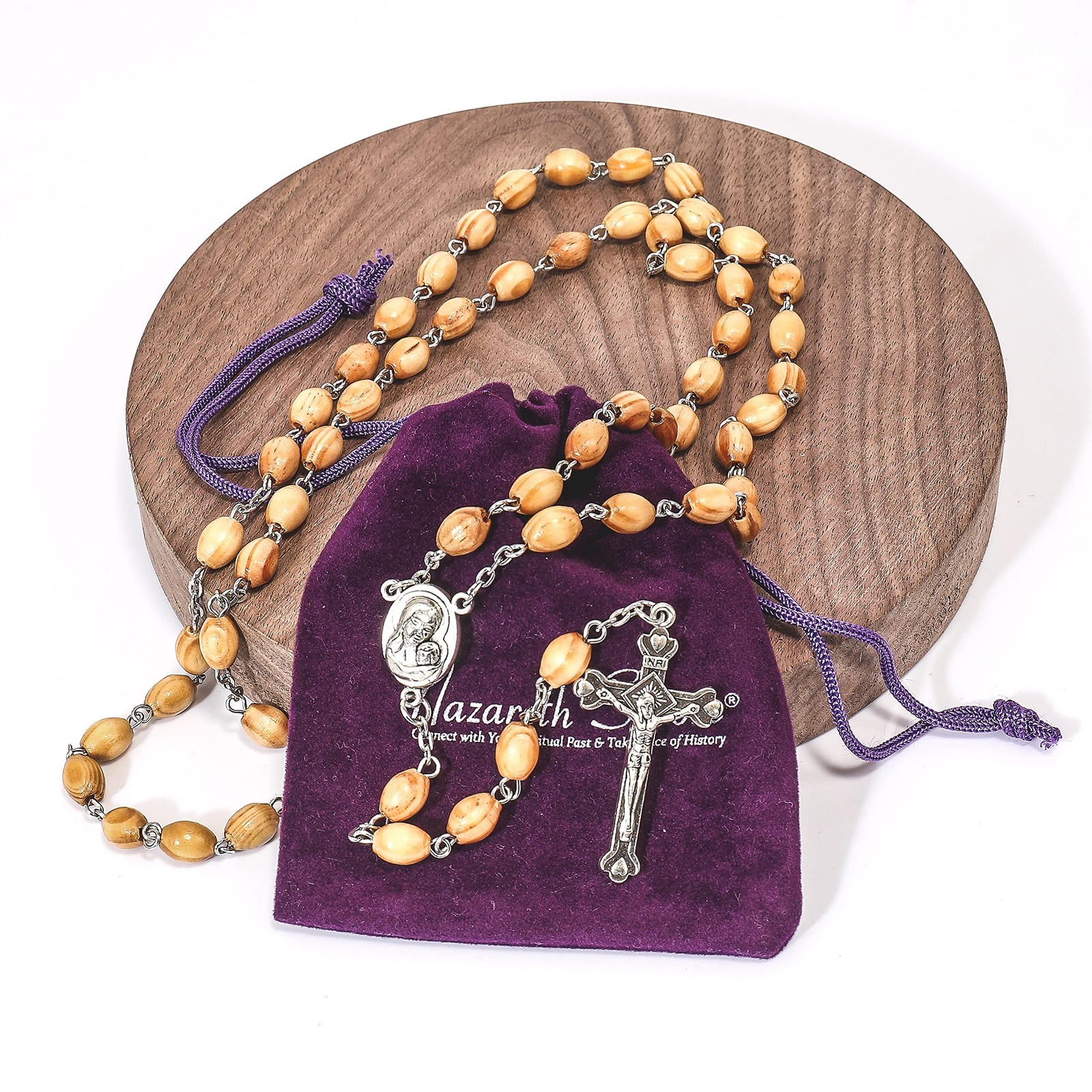 Catholic Rosary Olive Wood Beads Necklace Holy Soil Metal Cross Gift Bag