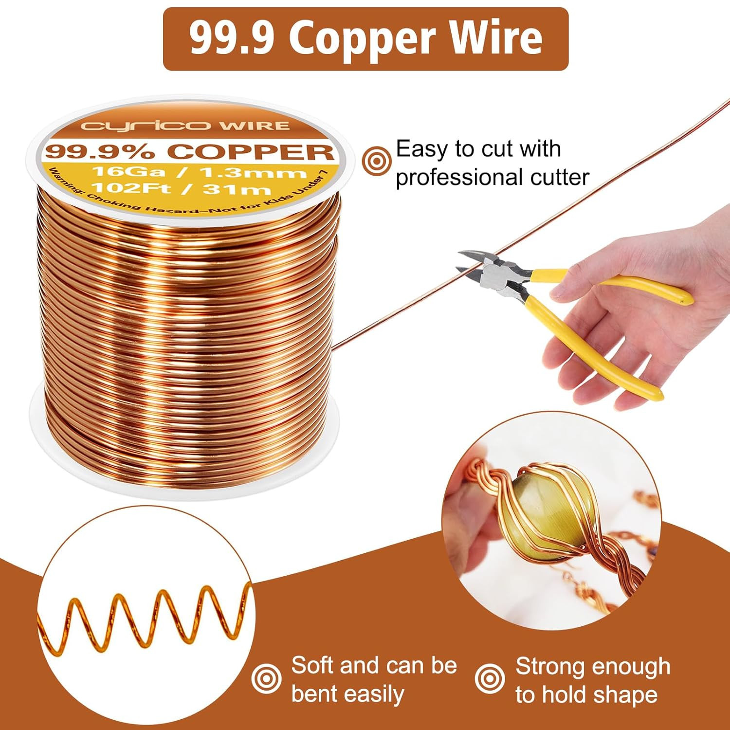 99.9% Pure Copper Wire, 16 Gauge 102 Feet Solid Copper Wire for Jewelry Making C