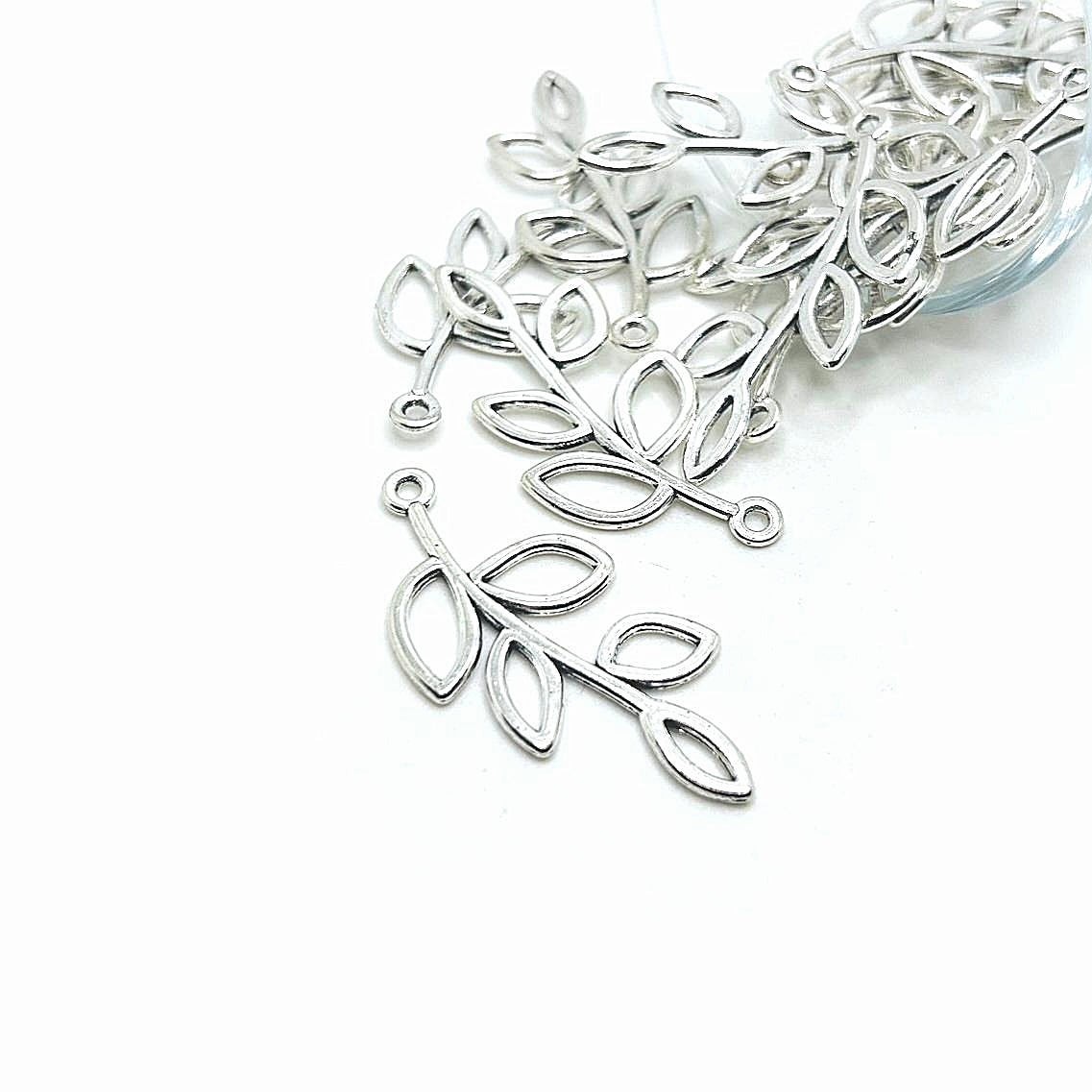 Antiqued Silver Tree Branch Charm, Leaf Connector, 42x19mm – US Seller