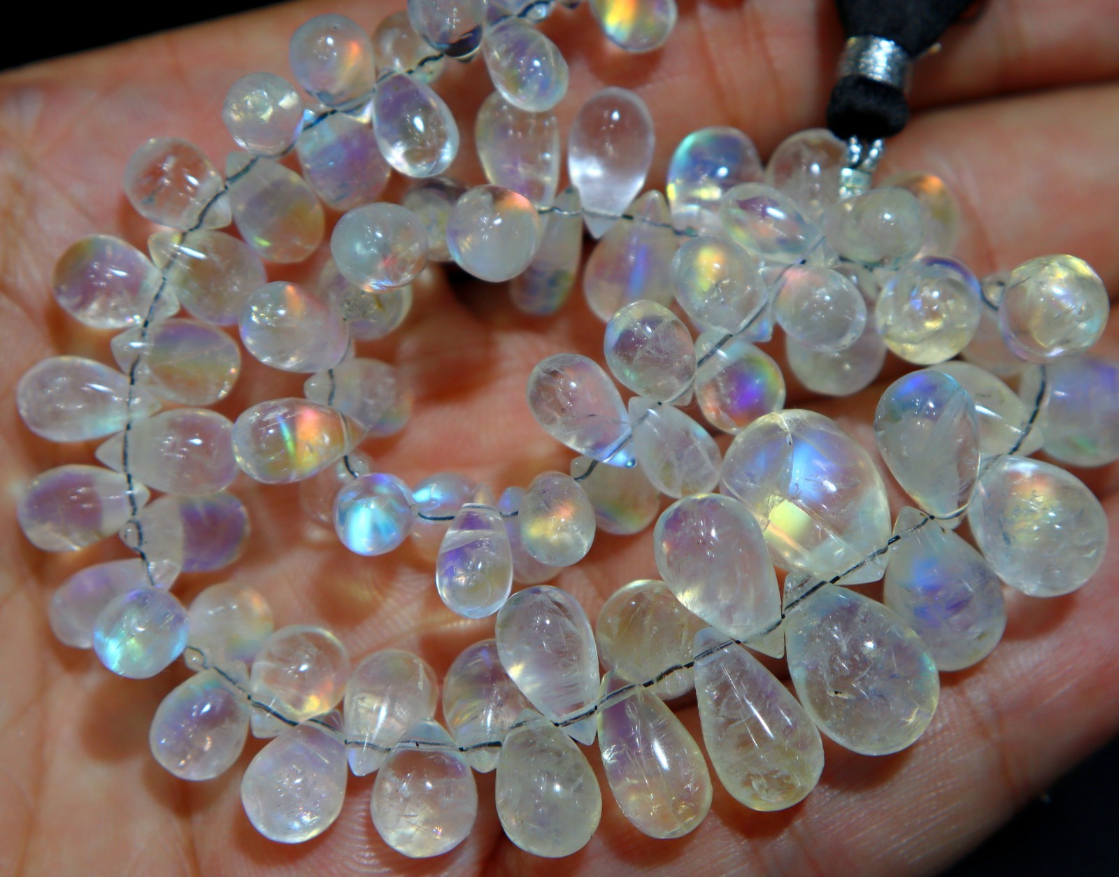 Madagascar Rainbow Moonstone Smooth Drops Beads Natural Blue Fire Rainbow 8’inch