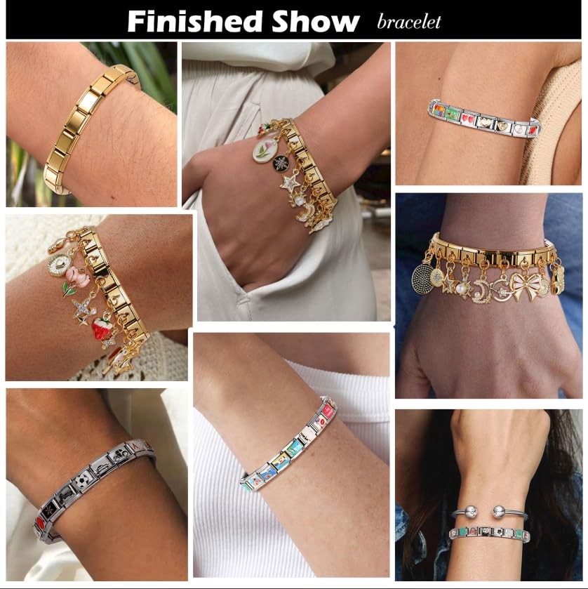 Italian Charm Bracelet Gold Silver Set with Starter Brascelet, Assorted Charms a