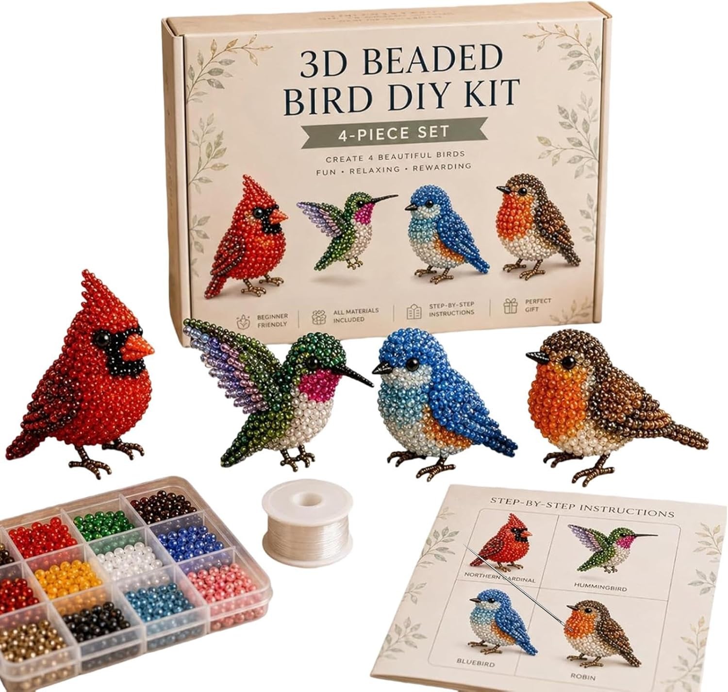 3D Beaded Animal/Bird DIY Kit, Handmade Beadwork Art Craft Set with Instructions