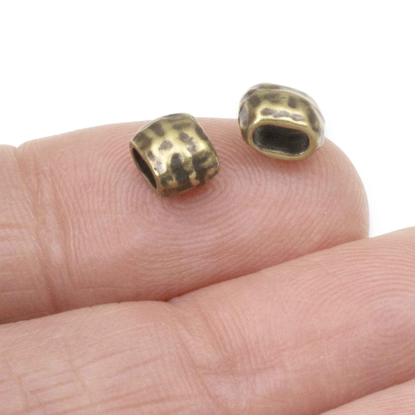 10 Antique Brass Hammered Barrel Leather Crimp Beads, 4x2mm Hole Size