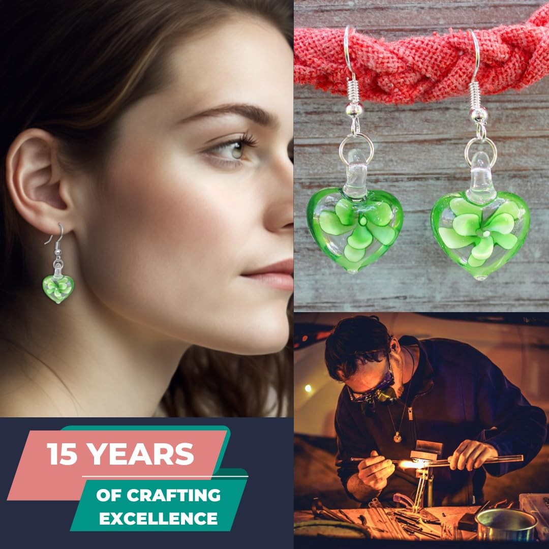 Handmade Murano Inspired Gorgeous Artist Made Green Heart Glass Earrings by Hand