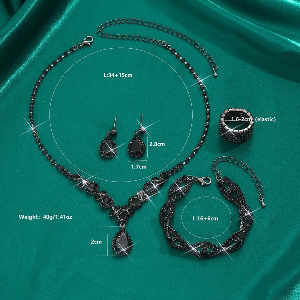 4Pcs Boho Fashion Prom Shinny Black Rhinestones Choker Necklace Earrings Bracele