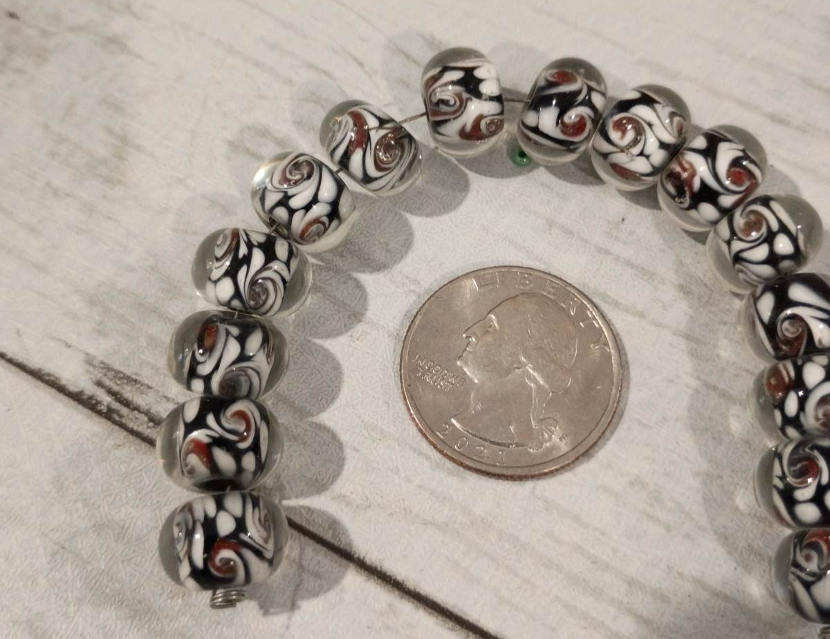 15Q Glossy Black White and red Handmade Lampwork Glass Beads