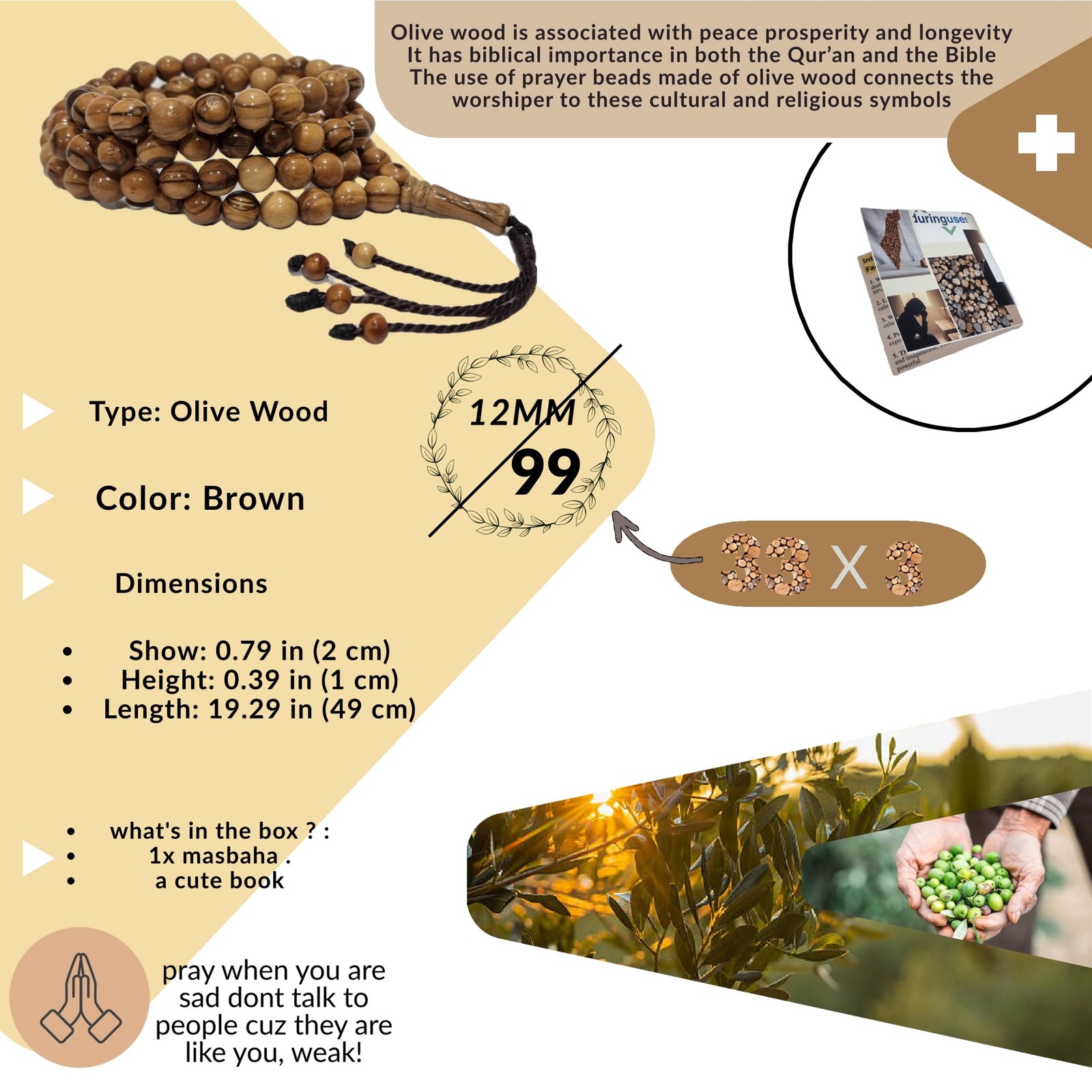 ® 99 Beads Olive Wood Tasbih 12mm – Handmade Prayer & Meditation Beads (33×3 …