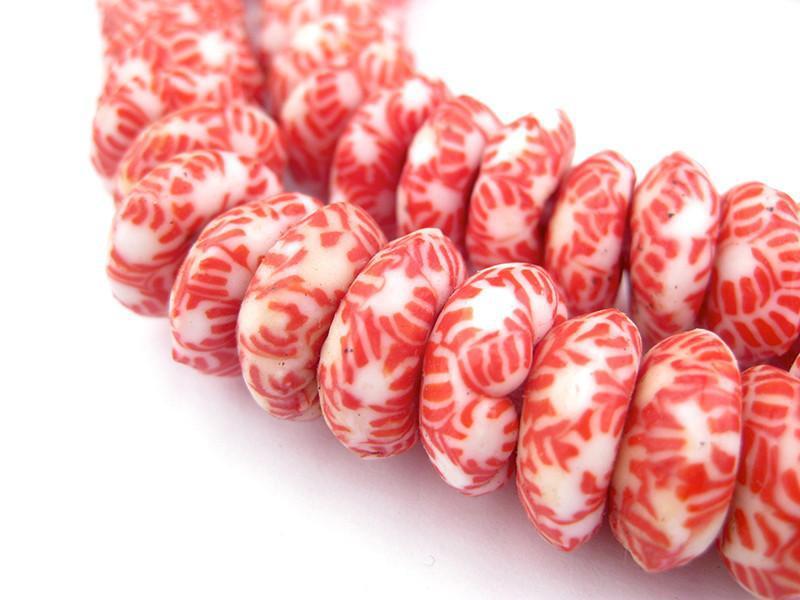 Ghana Candy Cane Rondelle Powder Glass Beads 14mm African Red Round Large Hole