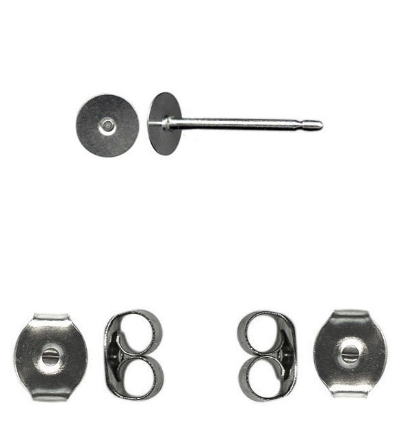 Titanium Earring Posts with 4mm Flat Pads (stainless ) HypoAllergenic + Ear Nuts