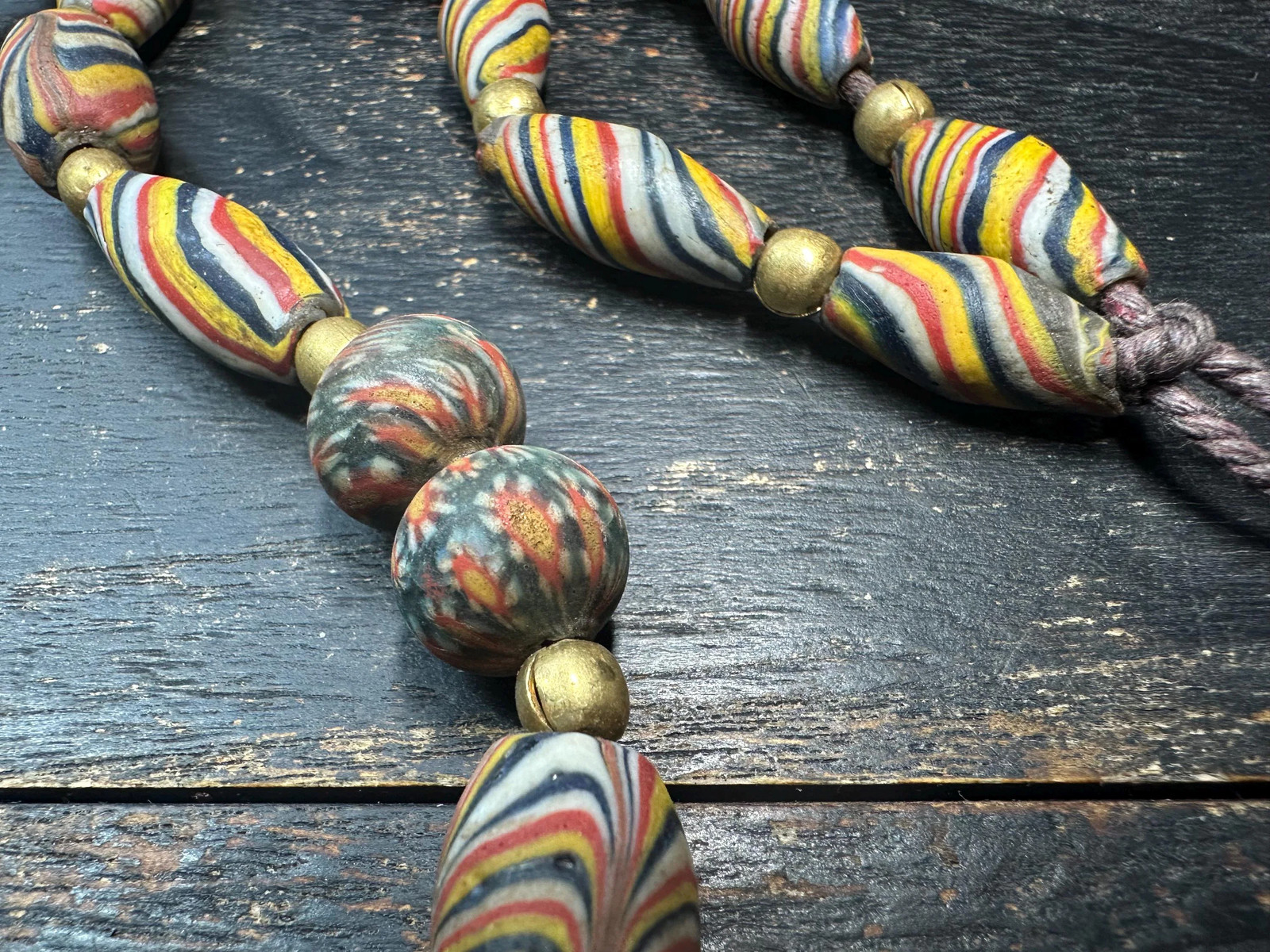 African Krobo Glass Bead Necklace 25” – Striped Powder Glass Beads & Millefiori