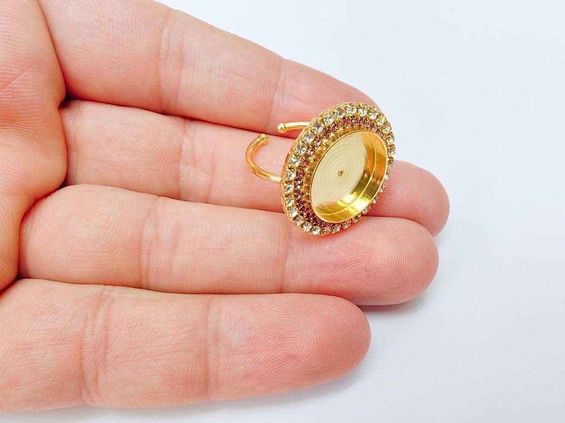 Pink Crystal Ring Blank Base Bezel Setting Adjustable 16mm 24k Shiny Gold G37445
