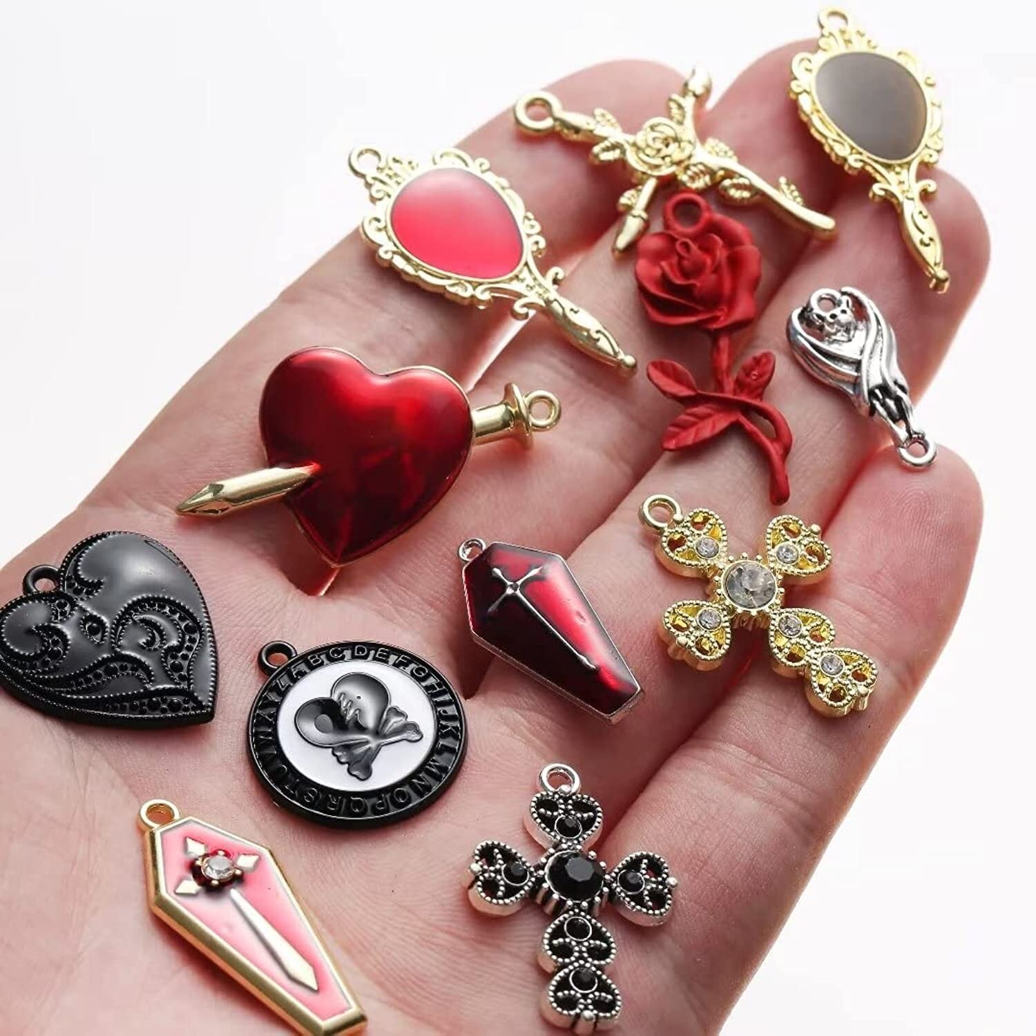 4 Gothic Charms Death Pendants Halloween Findings Gold Black Enamel Set Mixed