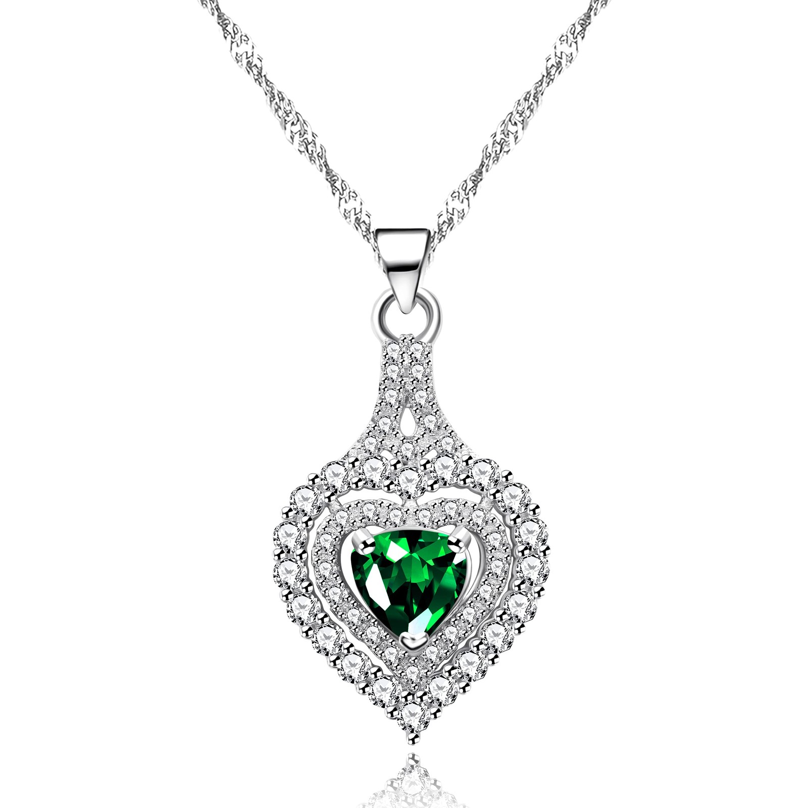 Platinum Plated Green Heart Necklace Cubic Zirconia Crystal Love Heart Pendant C