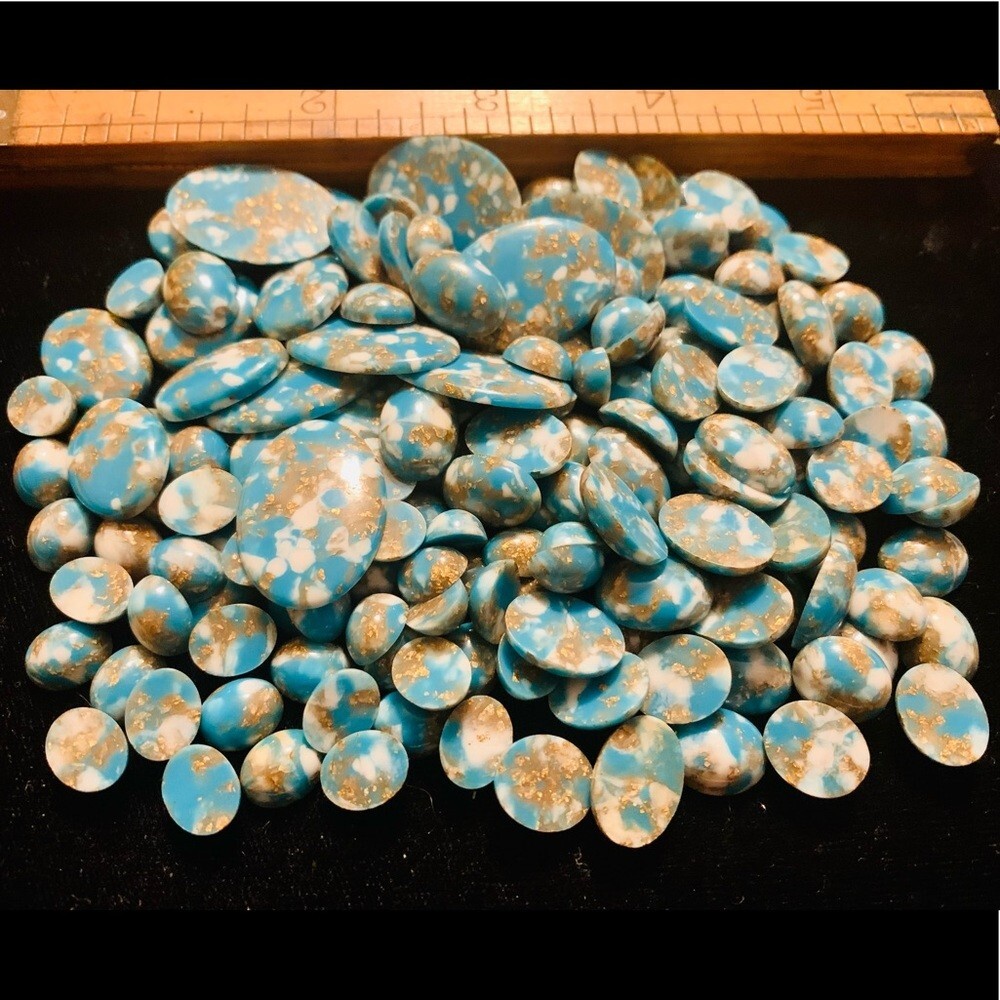 150 oval plastic turquoise gold glitter cabochons 5 sizes jewelry craft findings