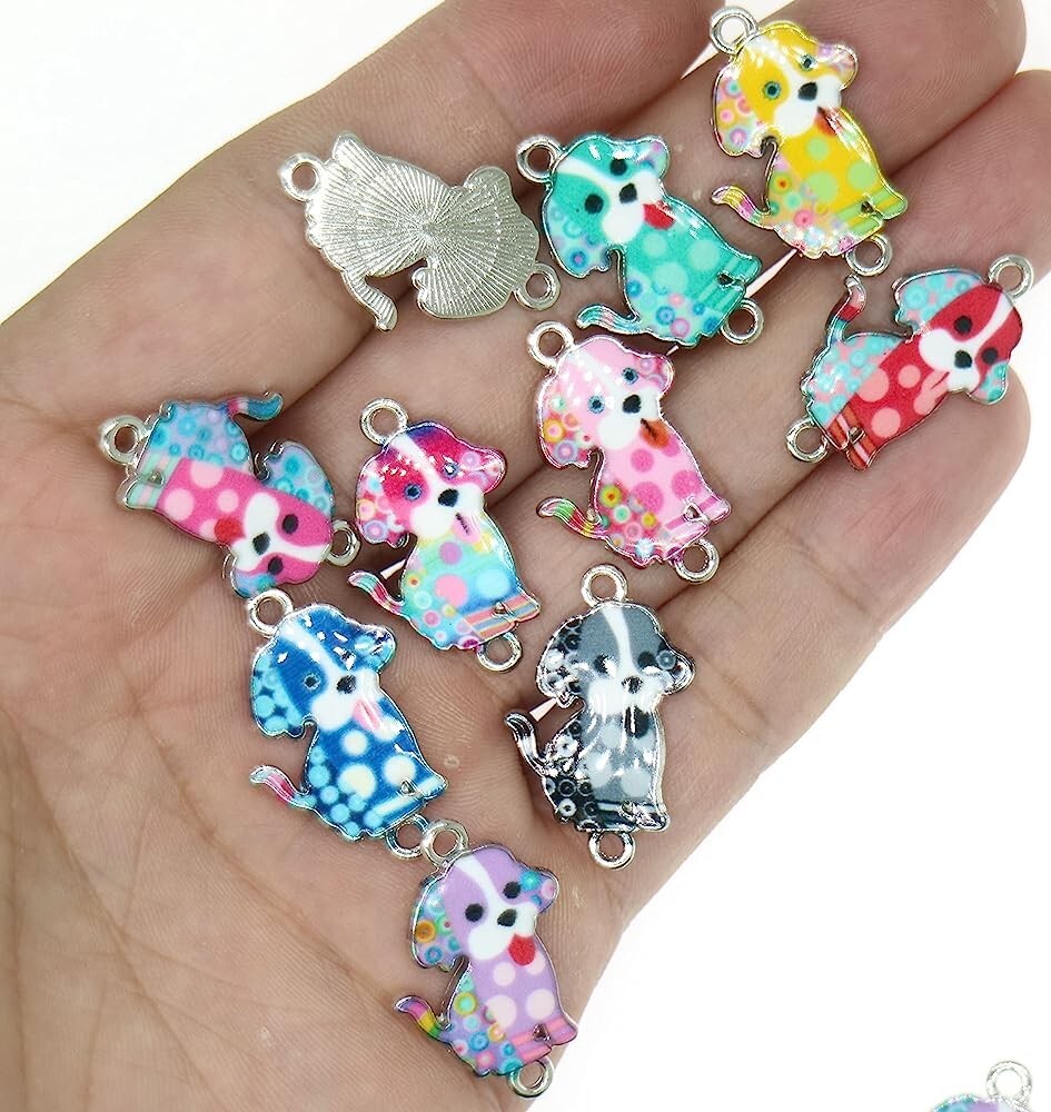 3 Dog Charms Connector Pendants Silver Enamel Assorted Lot Link Jewelry