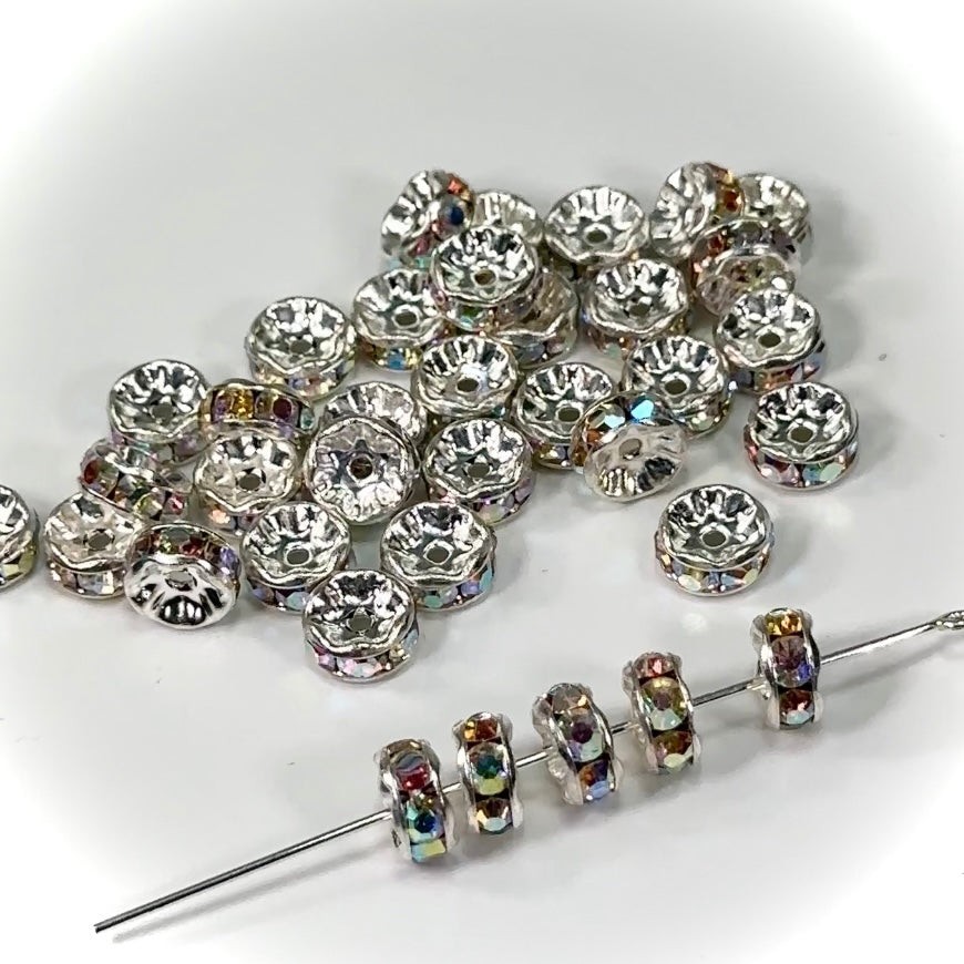 Preciosa Czech Rhinestone Rondelles 7mm Crystal AB Silver Plated spacers 36pcs