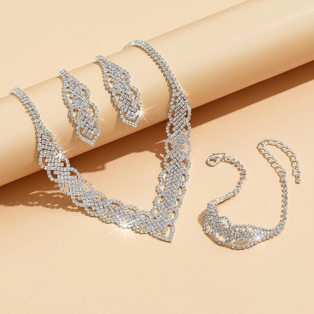 Boho Bridal Wedding Silver Shinny Rhinestones Choker Necklace Earrings Bracelet