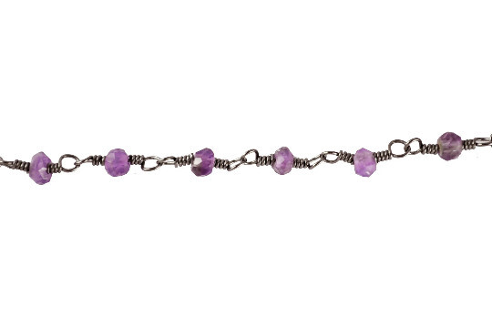 1Foot- Amethyst faceted Beaded Chain 3mm Wire Wrapped Rosary Chain, Purple