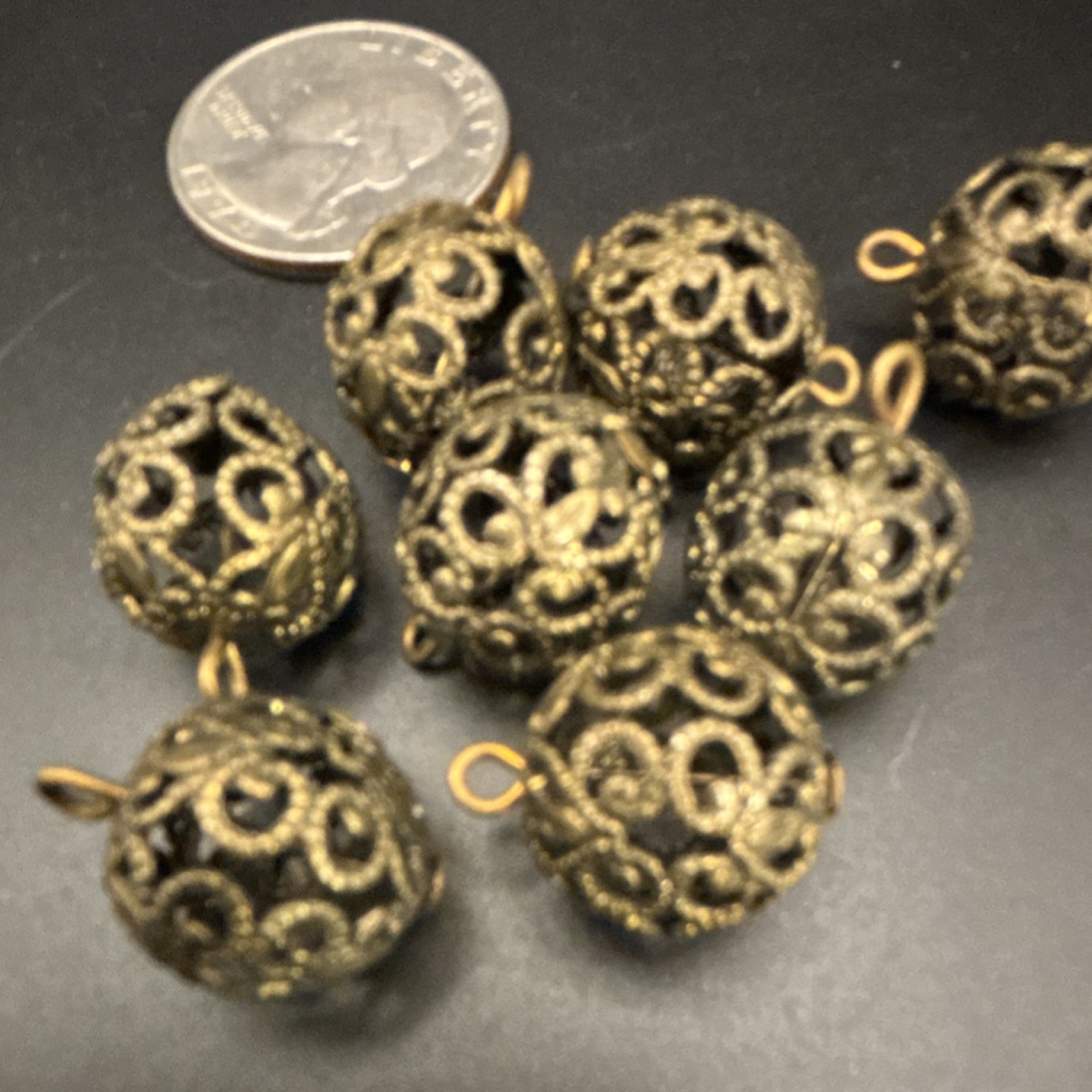 Antiqued Metal Round Filigree Beads Gold Black 10mm Lot of 8