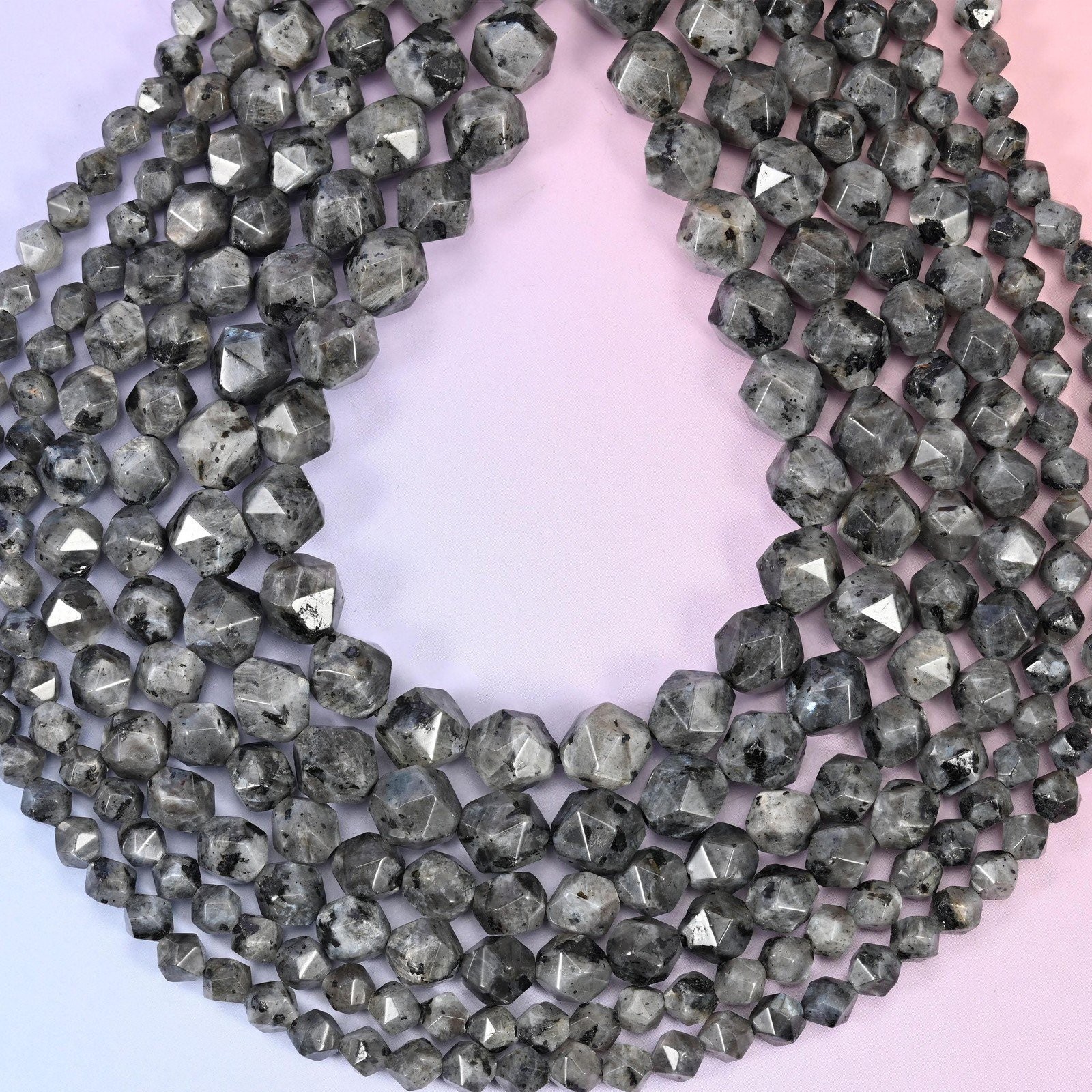 Black Labradorite Beads: Faceted Diamond Star Cut, 6-10mm, 15.5 inch Strand