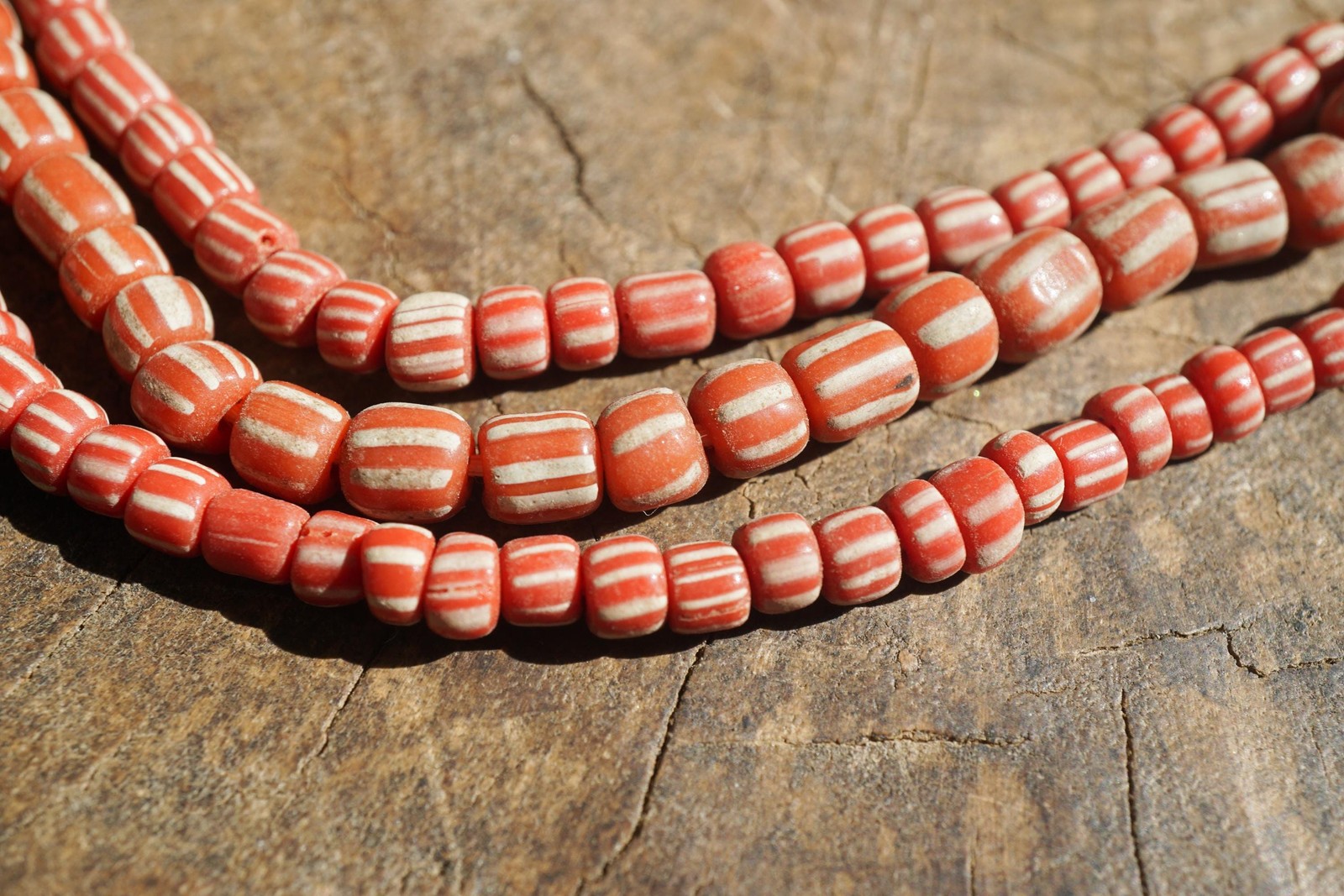 Artisan Made Java Glass Beads: Orange Red with White Stripes (5-6mm), 2898A378