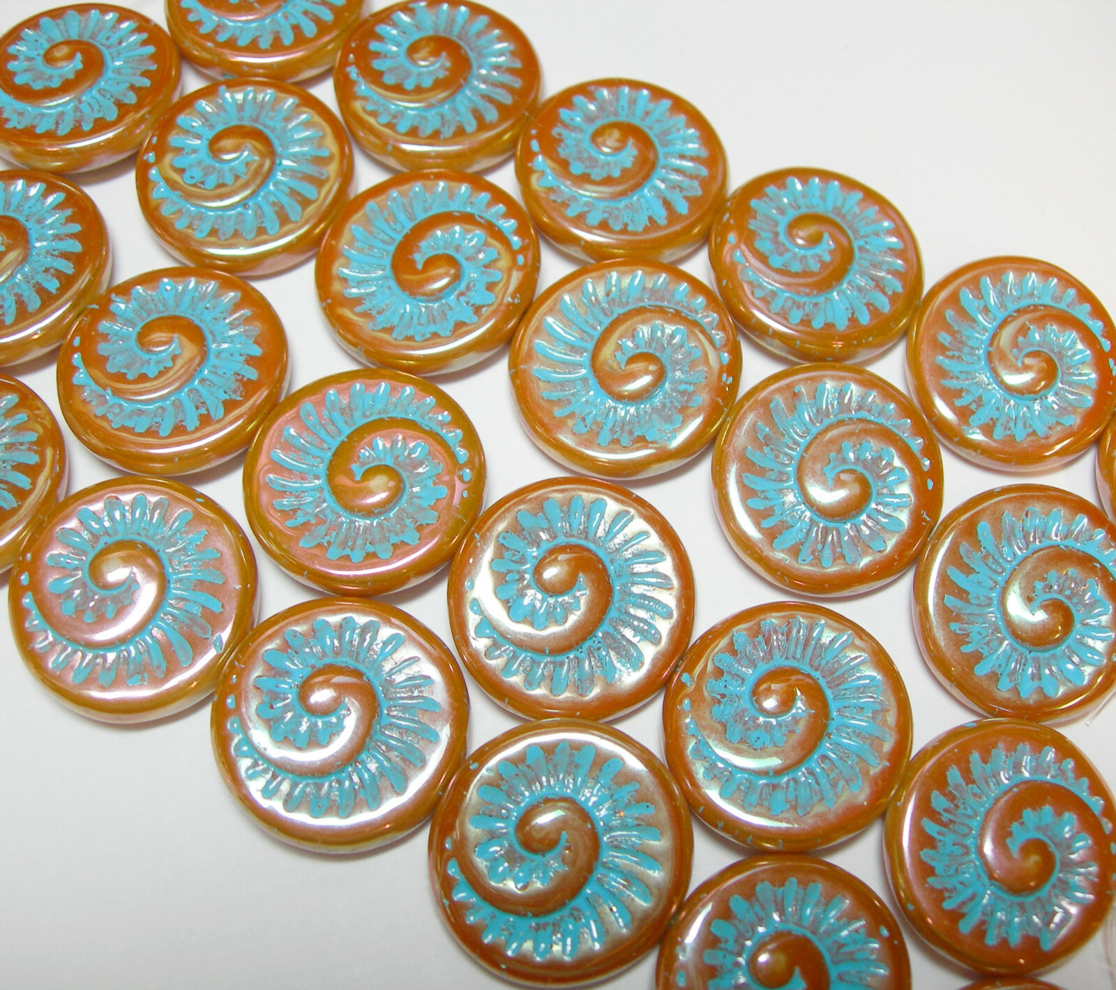 6 – 18mm Orange Turquoise Luster Fossil Snail Spiral Czech Glass Coin Beads
