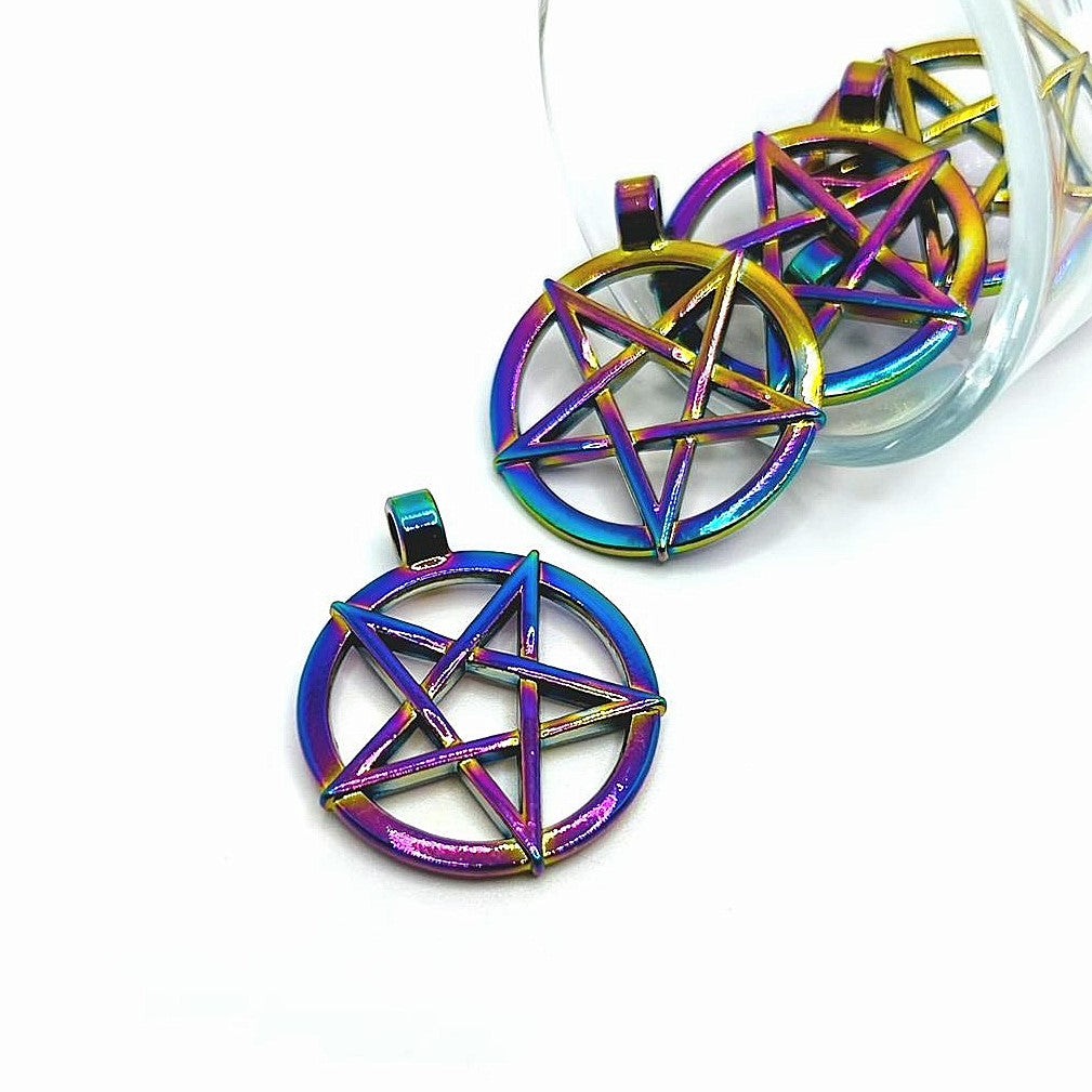 Large Titanium Oil Slick Colored Pentagram Pendants, 33x27mm – US Seller