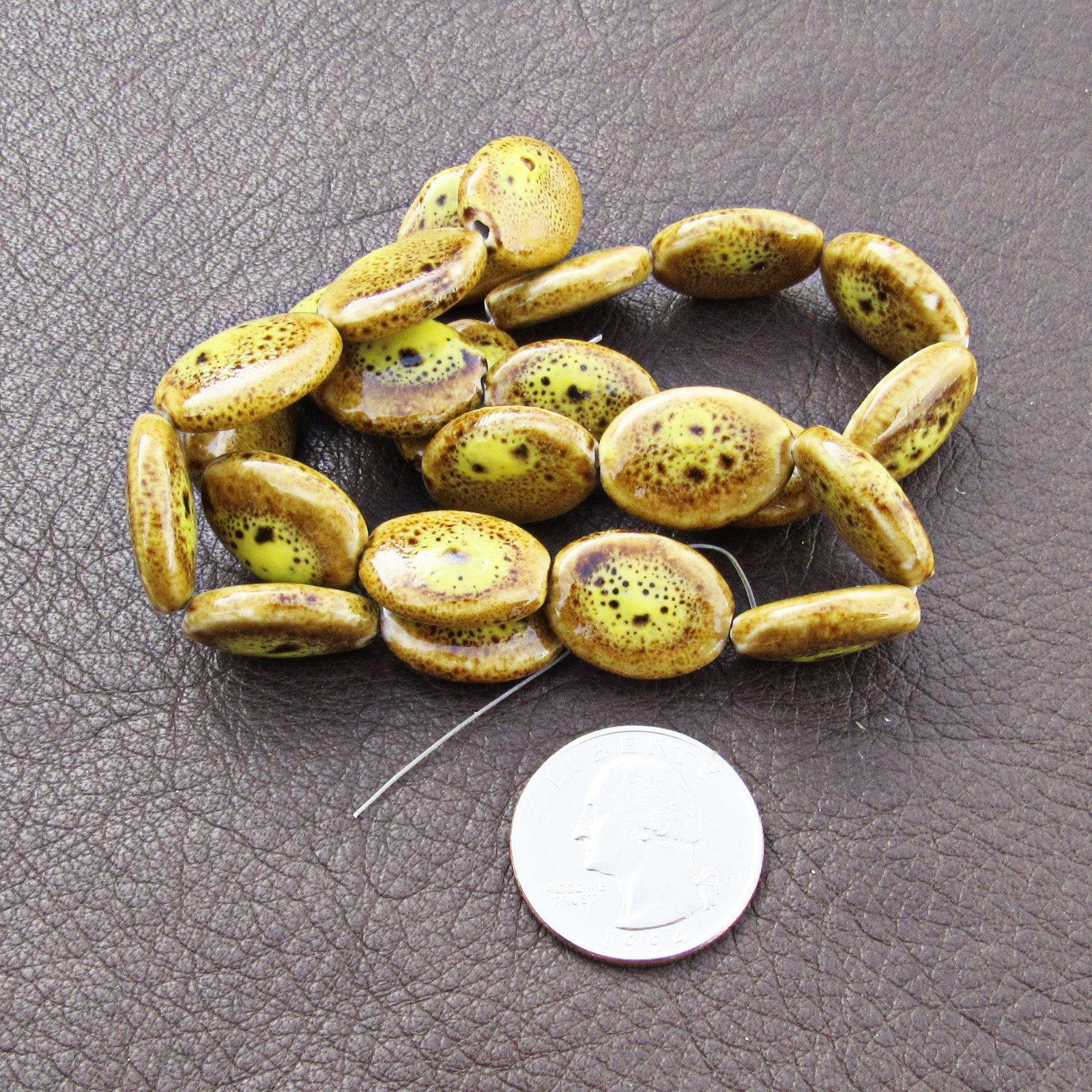 18mm Golden Flat Oval Porcelain Beads, Full Strand, Dark Brown, Yellow Tones