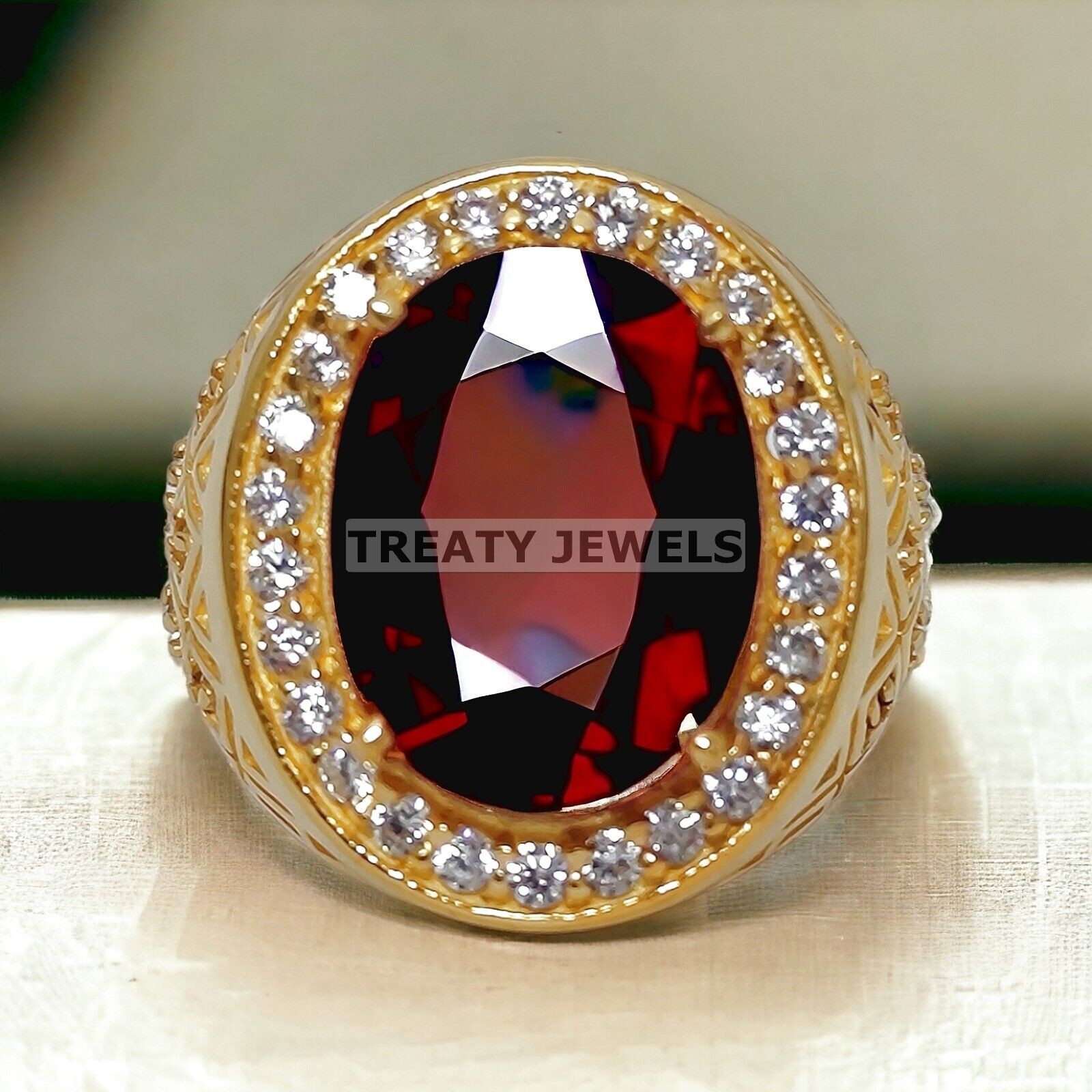 Garnet Oval Cut With 14k Yellow Gold Ring For Men’s #714 #