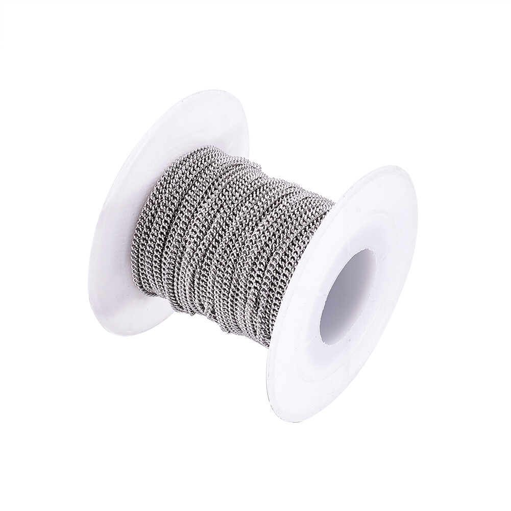 1 Roll Stainless Steel Curb Chains with Spool Unwelded Steel Color 2.4×1.9×0.5mm
