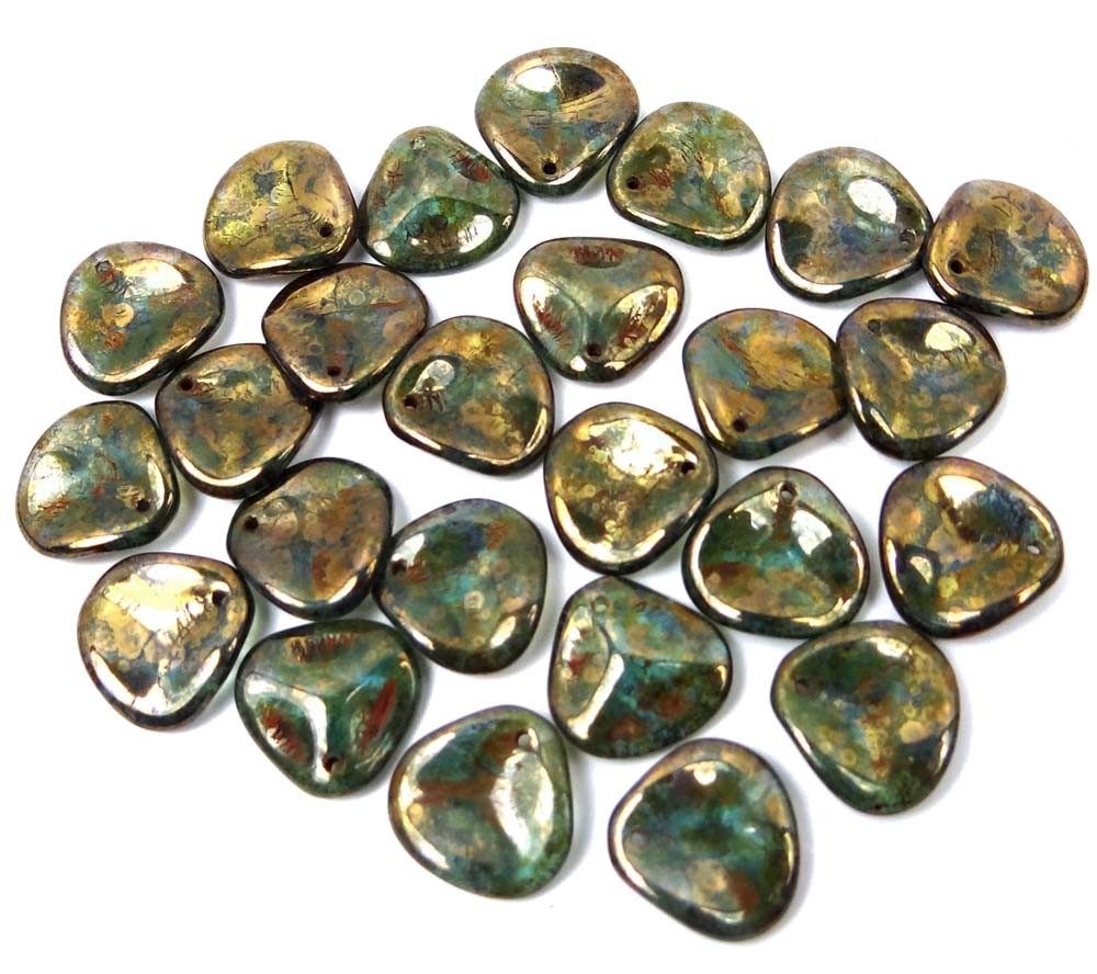 25 Czech Glass Large Rose Petals Beads – Aquamarine – Bronze Picasso 14x13mm