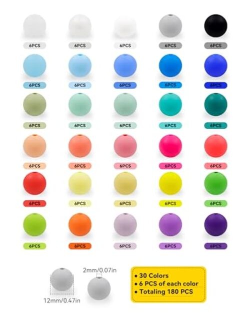 180PCS Silicone Beads – 30 Colors 12mm Round Rubber Beads Bulk for 30 Colorful