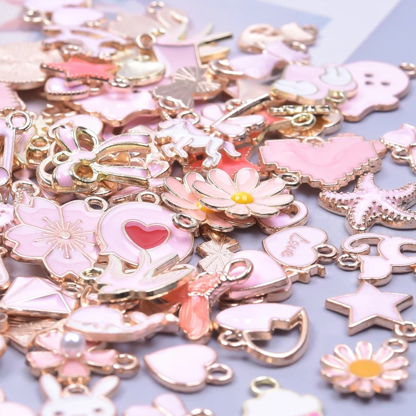 50Pcs Mixed Pink Drip Oil Charms Animal Heart Flower Pendants DIY Craft