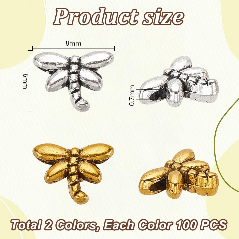 200Pcs Antique Spacer Beads Metal Dragonfly Beads Tibetan Sliver Goldanimal Char