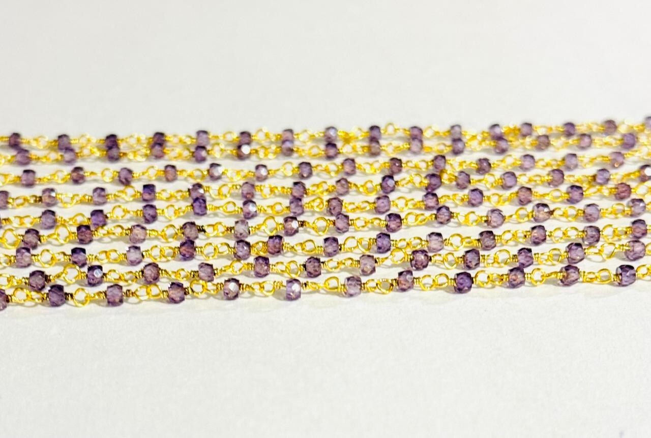 3mm Amethyst Zirconia beads bulk roll chain, gold plated jewelry making rosary