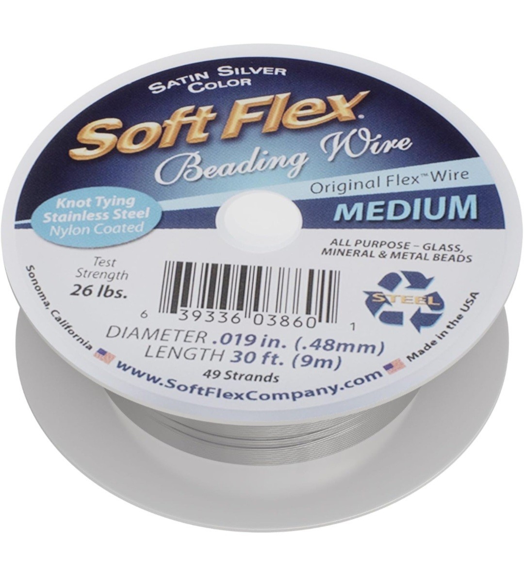 Soft Flex Satin Silver Beading Wire • 49 Strands/Medium Size/30ft Spool • New