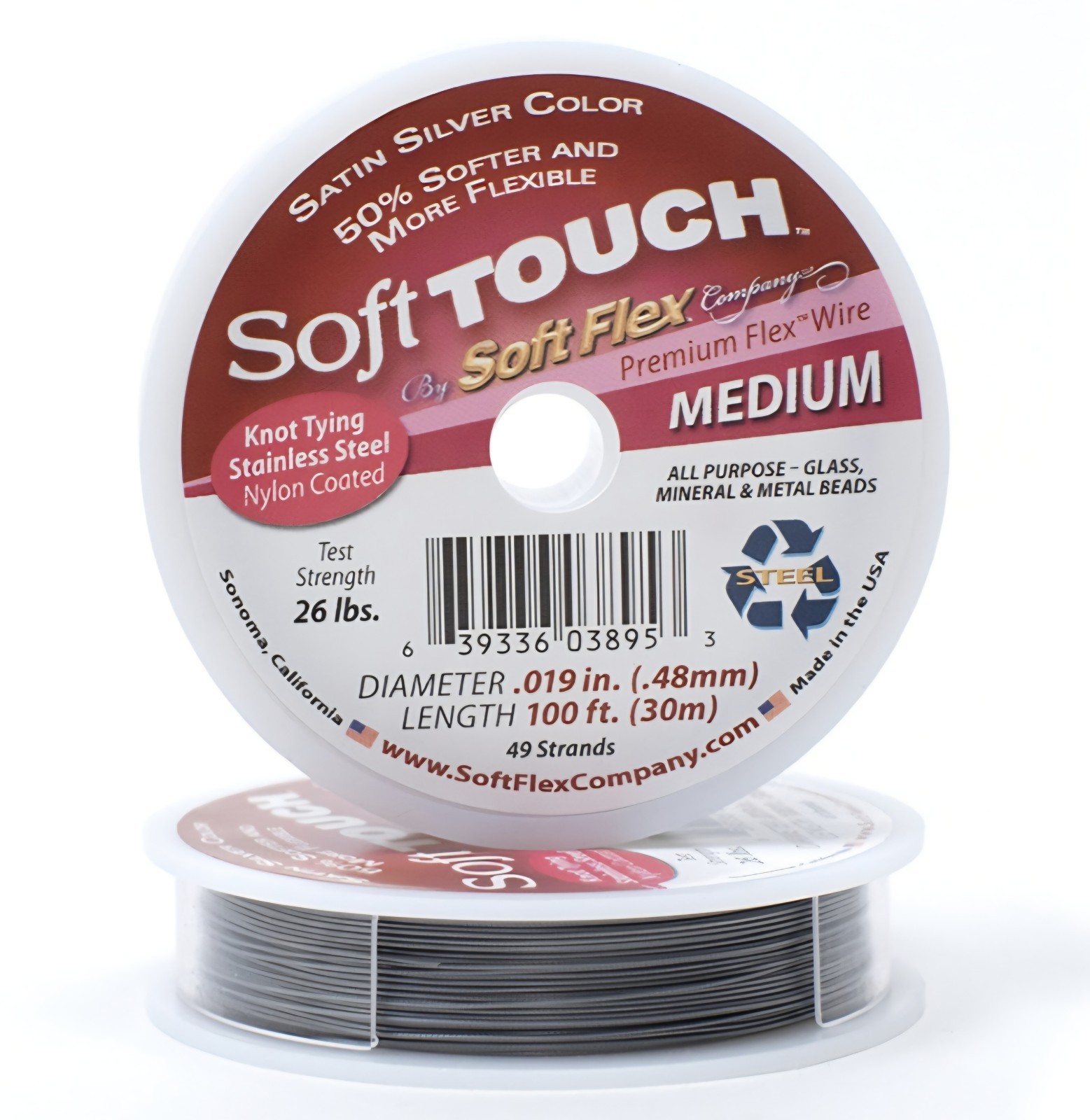 Soft Touch by Soft Flex Satin Silver Beading Wire • 49 Strands/.019″ • 100ft New