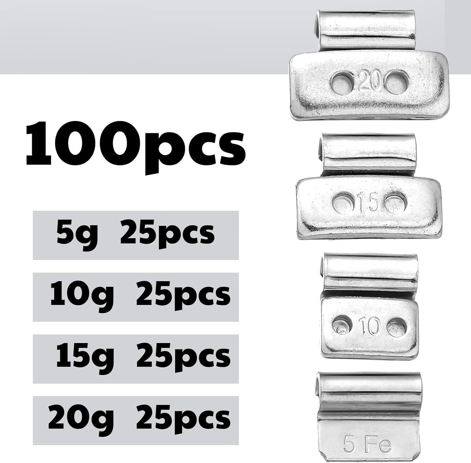 100 Pcs Wheel Weights Clip on Kit for Tire Balance, 5G, 10G, 15G, 20G Iron Clip