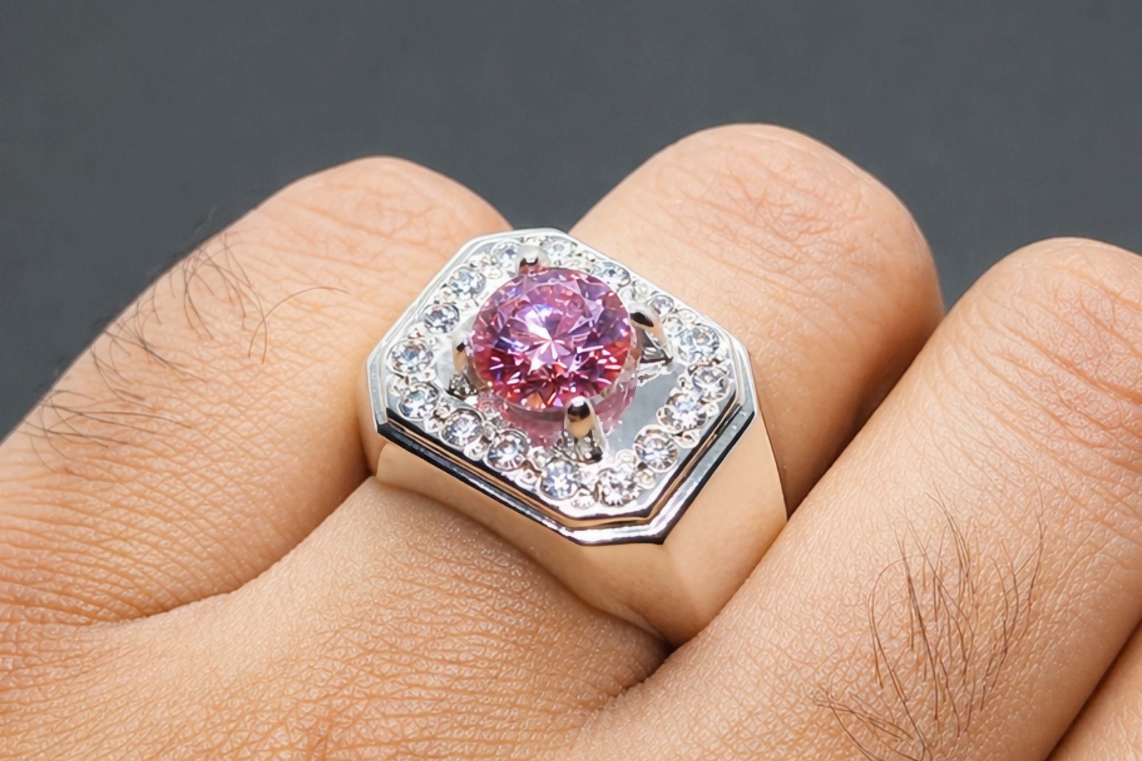 Diamond Cut Rare Pink Moissanite Diamond Sterling Silver 925 Handmade Mens Ring